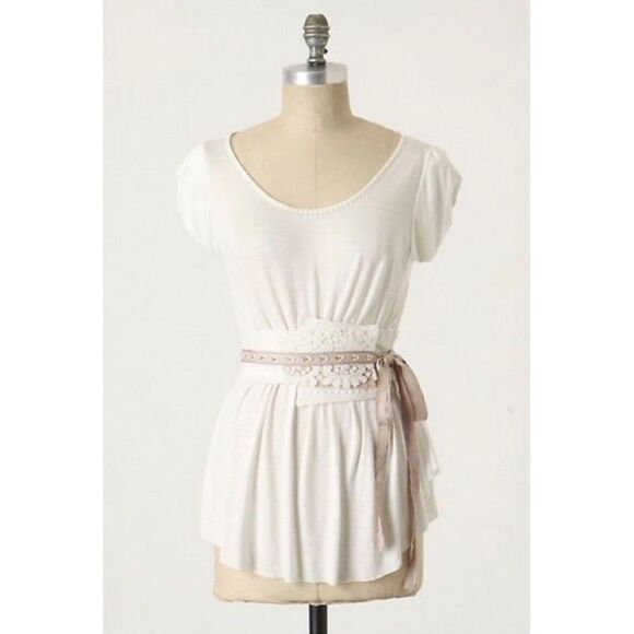 Anthropologie A Common Thread Obi Wrap Belt Scoop Neck Cap Sleeve Top in White S - Picture 2 of 11